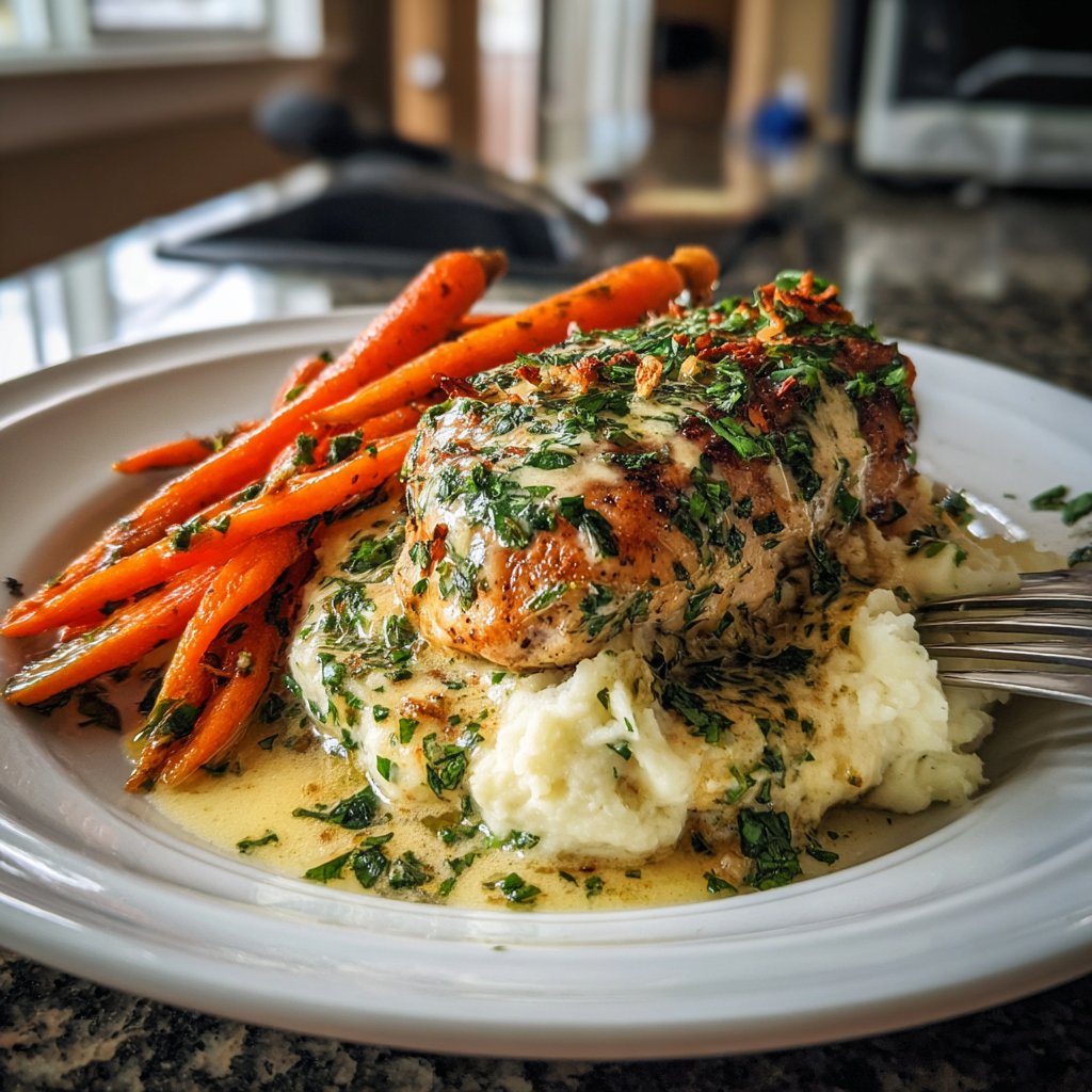 Creamy Herb Chicken with Mashed Potatoes and Roasted Carrots
