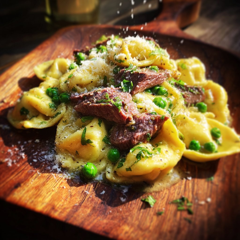 Garlic Steak Tortellini with Peas and Parmesan